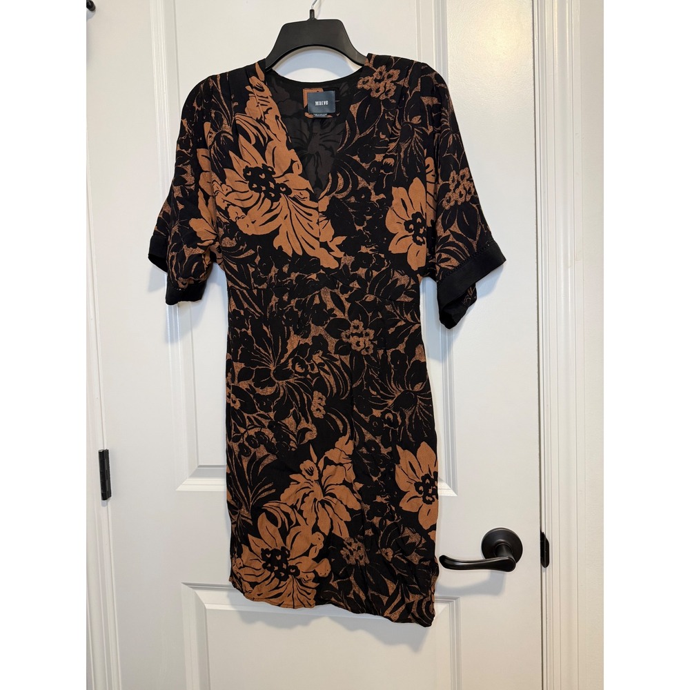 Maeve Floral Mini Dress Womens 8P Black Tan Excellent V-Neck Short Sleeve